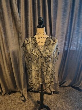 Banana Republic Olive and Black Snake Print V-Neck Blouse